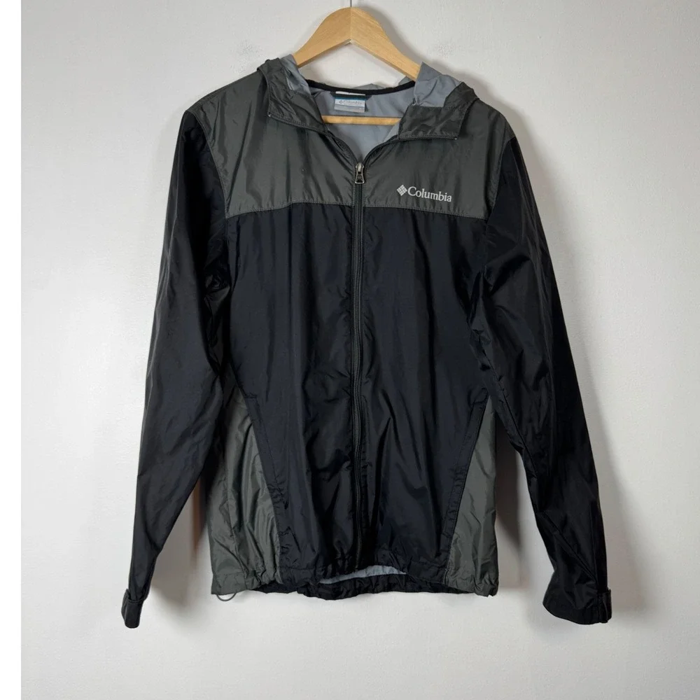 Gorpcore Columbia Mens Small Windbreaker Jacket Black Grey Hooded Full Zip‎
